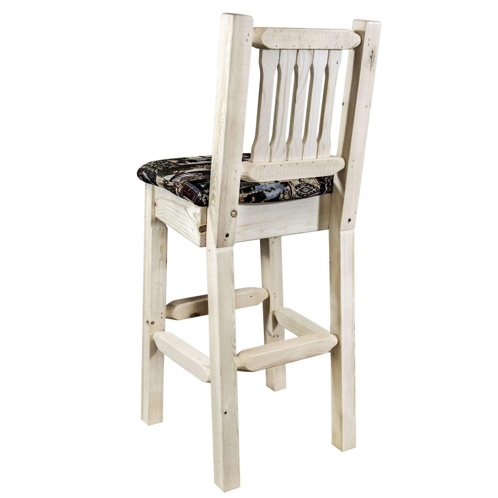 Homestead Collection Barstool w/ Back, Clear Lacquer Finish w/ Upholstered Seat, Woodland Pattern. Picture 4
