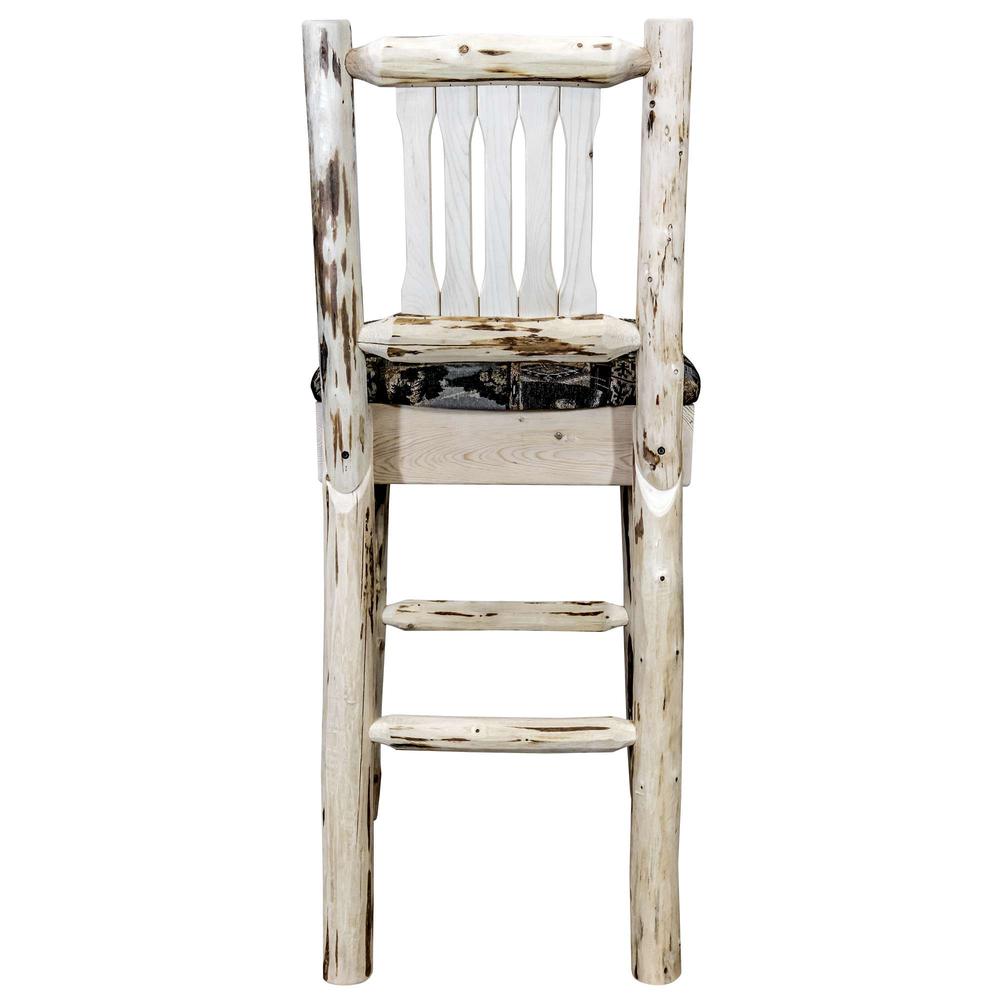 Montana Collection Barstool w/ Back, Clear Lacquer Finish w/ Upholstered Seat, Woodland Pattern. Picture 5
