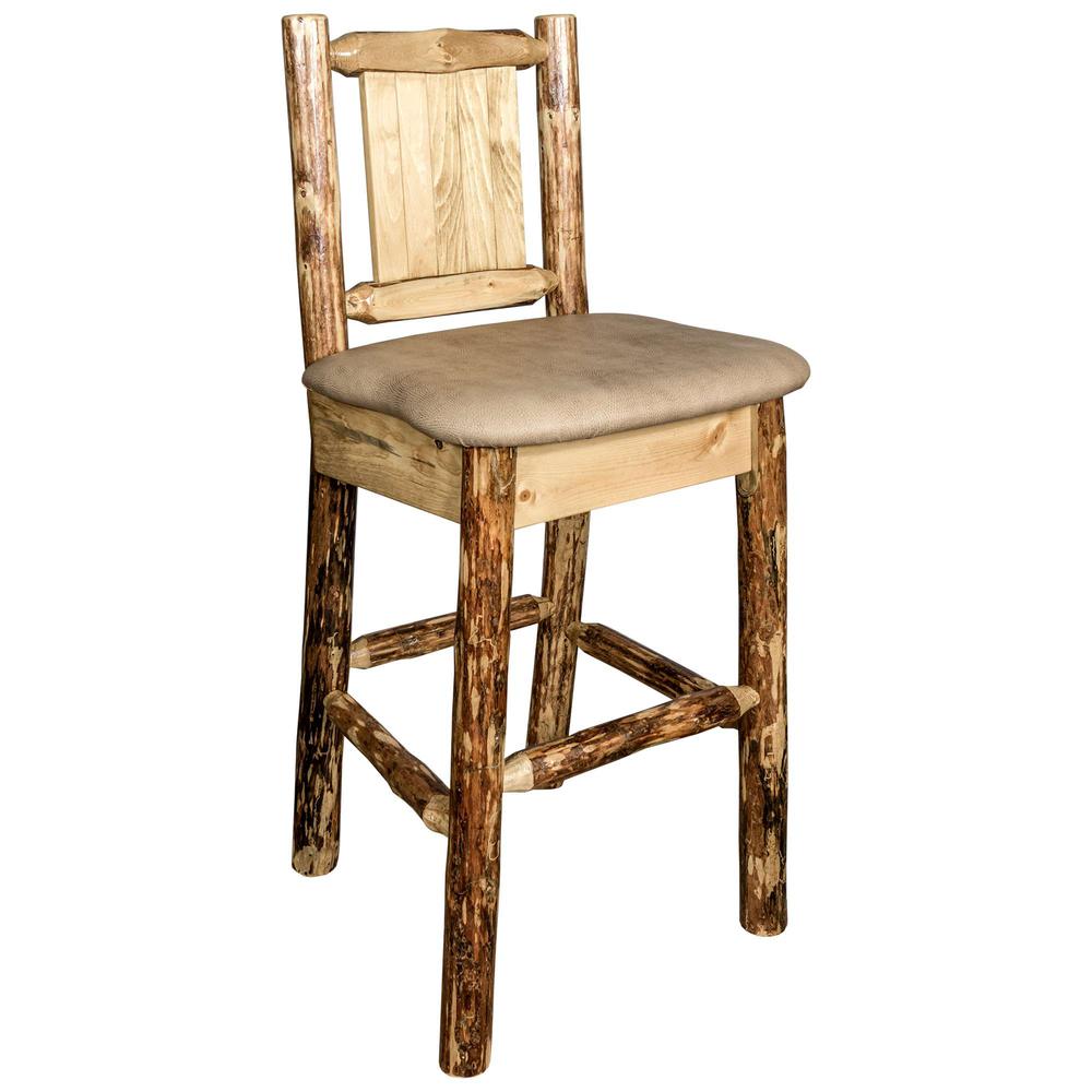 Glacier Country Collection Counter Height Barstool w/ Back - Buckskin Upholstery, w/ Laser Engraved Elk Design. Picture 3