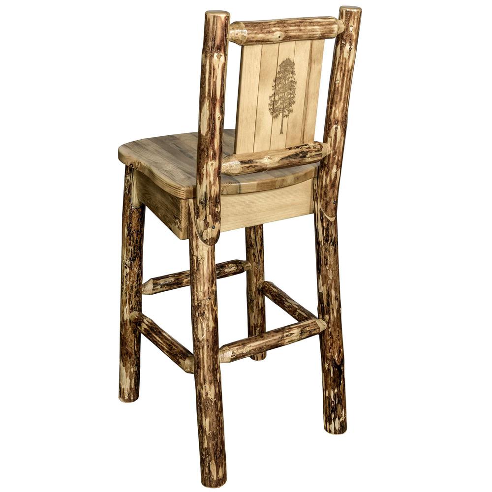 Glacier Country Collection Counter Height Barstool w/ Back, w/ Laser Engraved Pine Tree Design. Picture 1