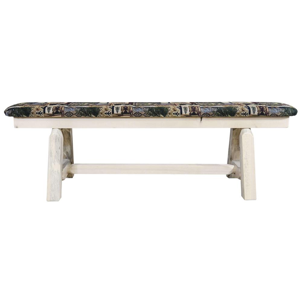 Homestead Collection Plank Style Bench, Clear Lacquer Finish, 5 Foot w/ Woodland Upholstery. Picture 2