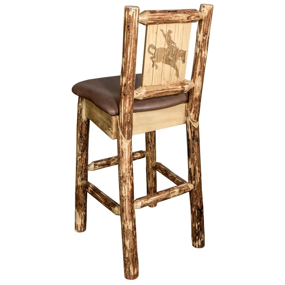 Glacier Country Collection Counter Height Barstool w/ Back - Saddle Upholstery, w/ Laser Engraved Bronc Design. Picture 1