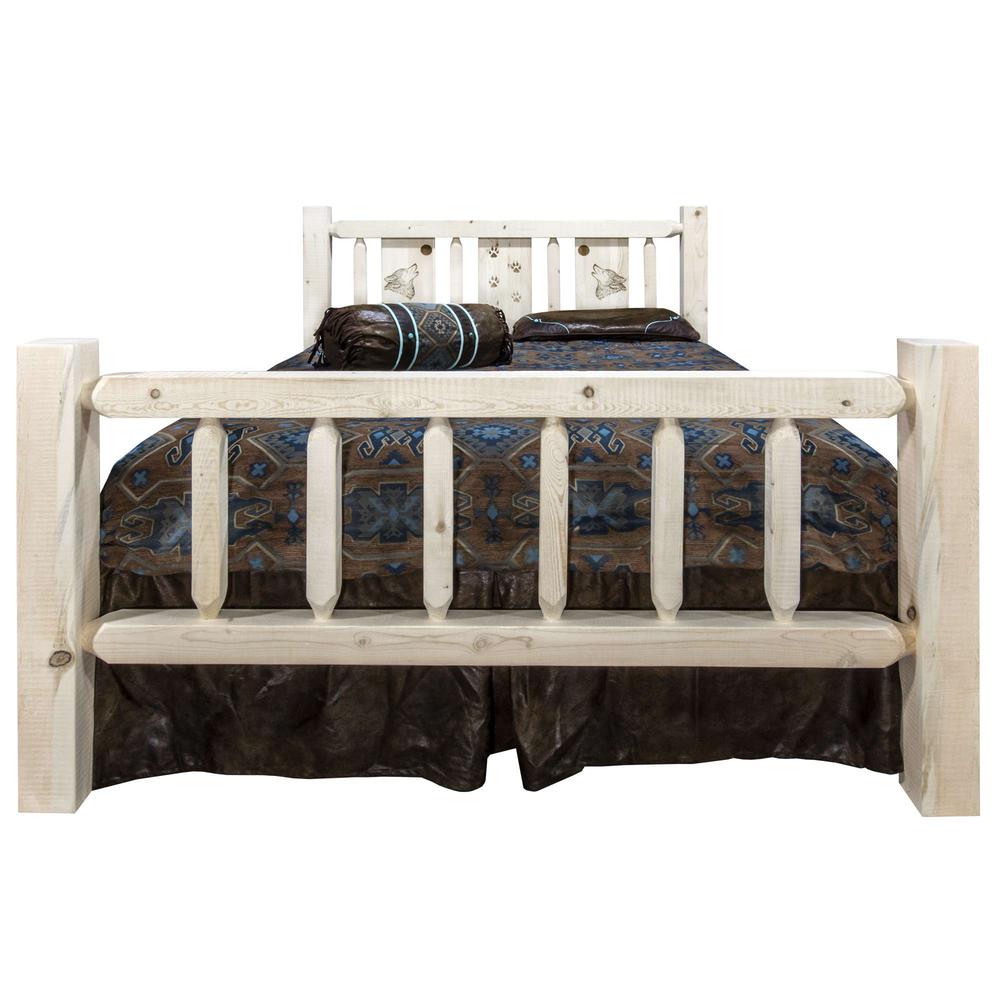 Homestead Collection King Bed w/ Laser Engraved Wolf Design, Clear Lacquer Finish. Picture 2