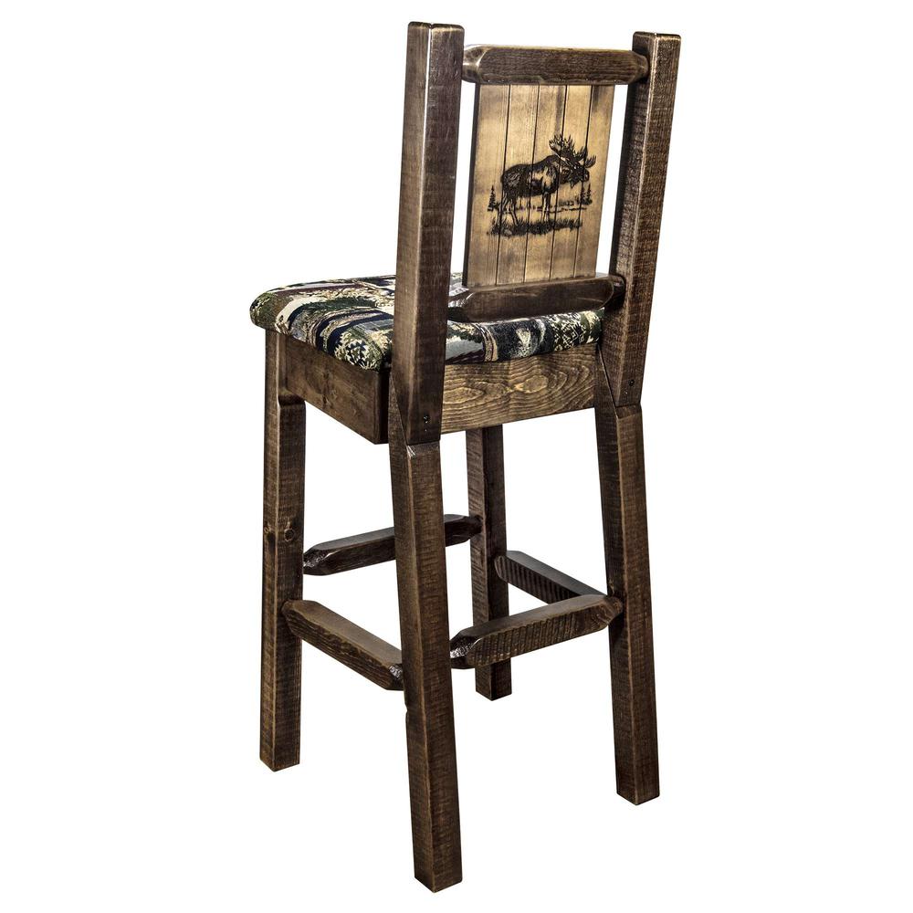 Homestead Collection Counter Height Barstool w/ Back - Woodland Upholstery, w/ Laser Engraved Moose Design. Picture 1