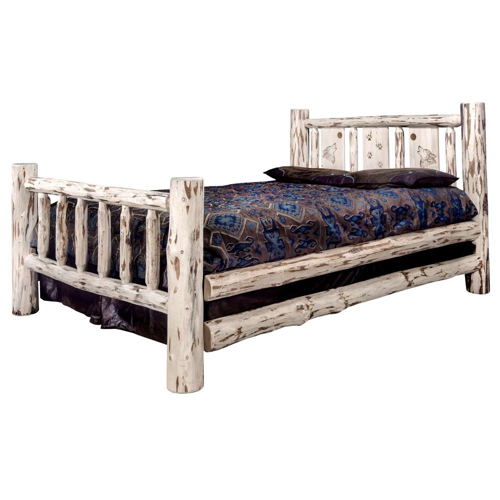 Montana Collection King Bed w/ Laser Engraved Wolf Design, Clear Lacquer Finish. Picture 3