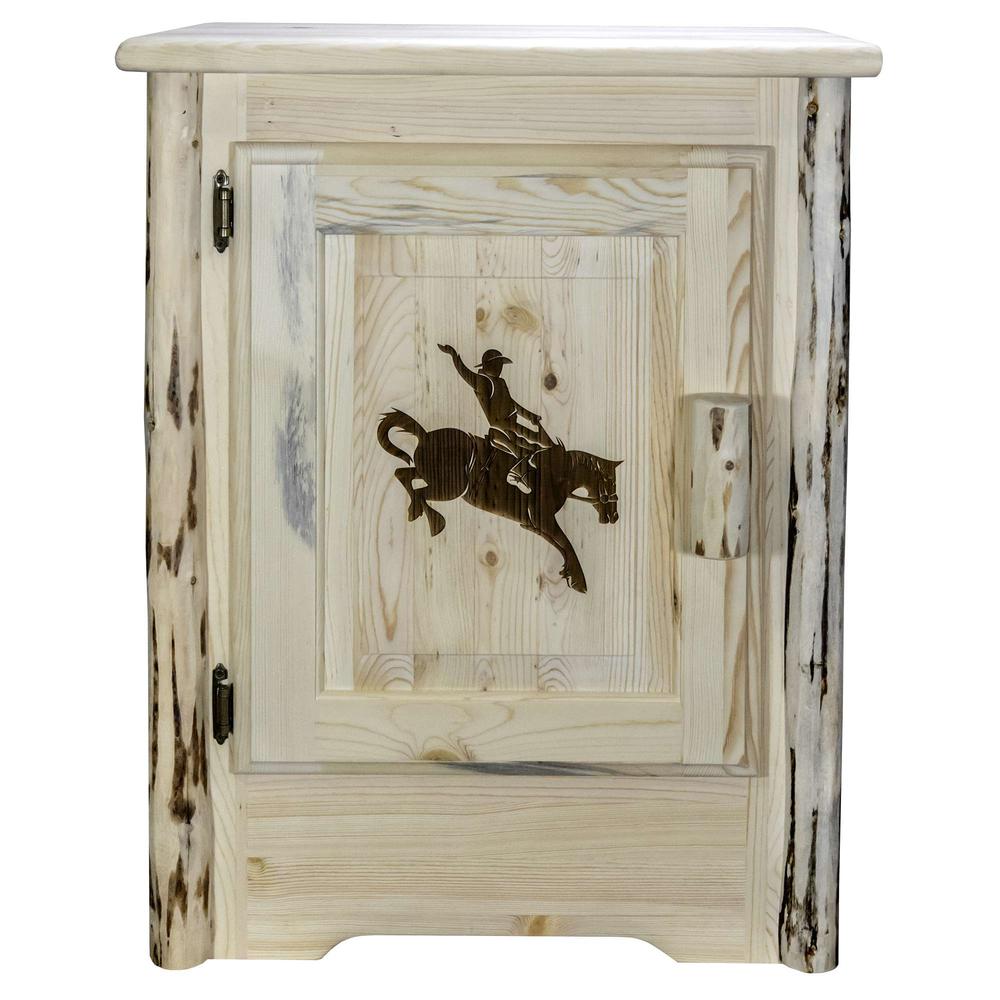 Montana Collection Accent Cabinet w/ Laser Engraved Bronc Design, Left Hinged, Clear Lacquer Finish. Picture 2