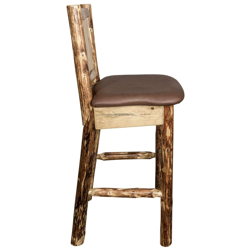 Glacier Country Collection Counter Height Barstool w/ Back - Saddle Upholstery, w/ Laser Engraved Bear Design. Picture 5
