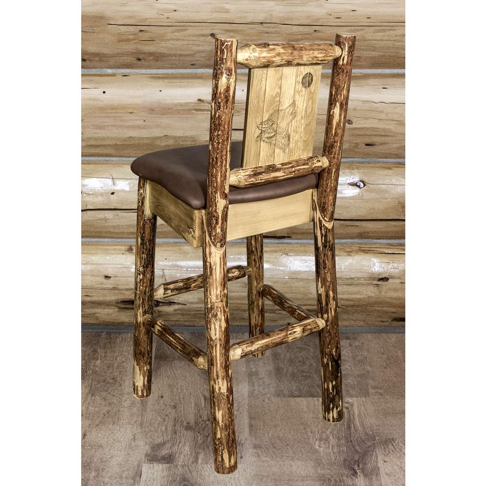 Glacier Country Collection Counter Height Barstool w/ Back - Saddle Upholstery, w/ Laser Engraved Wolf Design. Picture 6