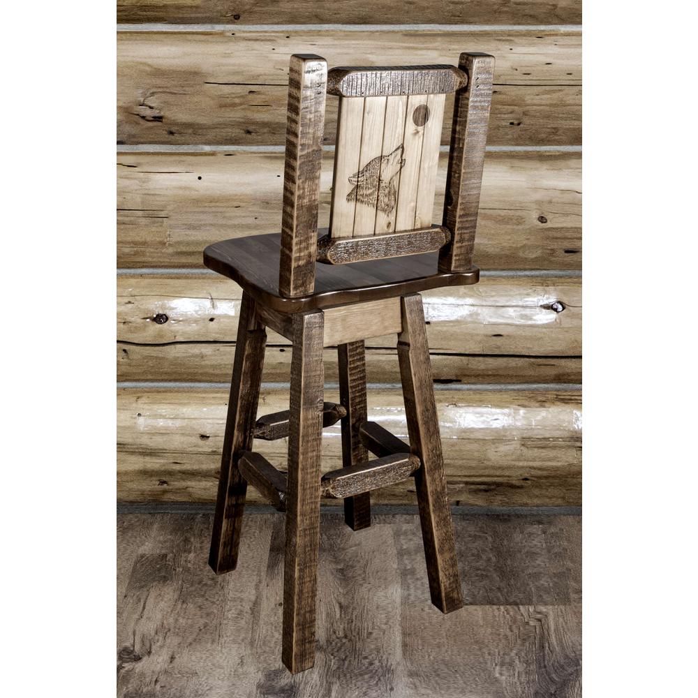 Homestead Collection Counter Height Barstool w/ Back & Swivel w/ Laser Engraved Wolf Design, Stain & Lacquer Finish. Picture 6