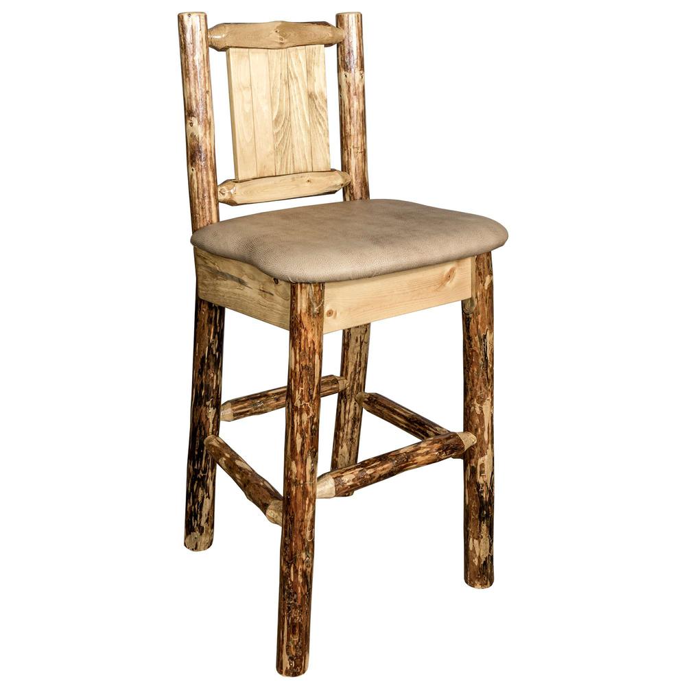 Glacier Country Collection Counter Height Barstool w/ Back - Buckskin Upholstery, w/ Laser Engraved Bear Design. Picture 3