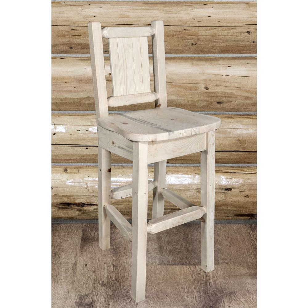 Homestead Collection Counter Height Barstool w/ Back, w/ Laser Engraved Pine Tree Design, Clear Lacquer Finish. Picture 8