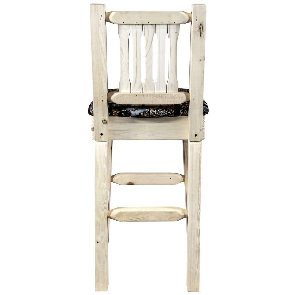 Homestead Collection Barstool w/ Back, Clear Lacquer Finish w/ Upholstered Seat, Woodland Pattern. Picture 5