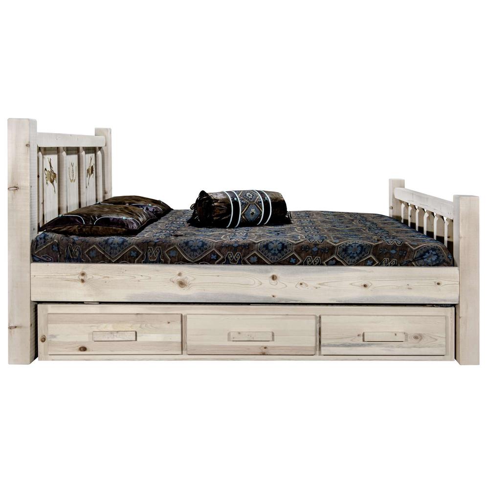 Homestead Collection California King Storage Bed w/ Laser Engraved Bronc Design, Clear Lacquer Finish. Picture 4