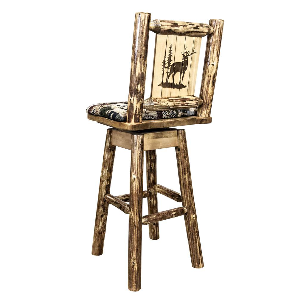 Glacier Country Collection Counter Height Barstool w/ Back & Swivel, Woodland Upholstery w/ Laser Engraved Elk Design. Picture 1