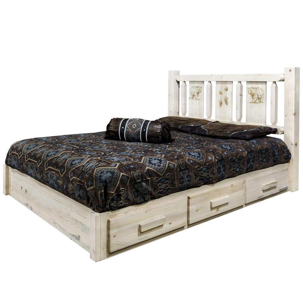 Homestead Collection Platform Bed w/ Storage, Full w/ Laser Engraved Bear Design, Clear Lacquer Finish. Picture 3