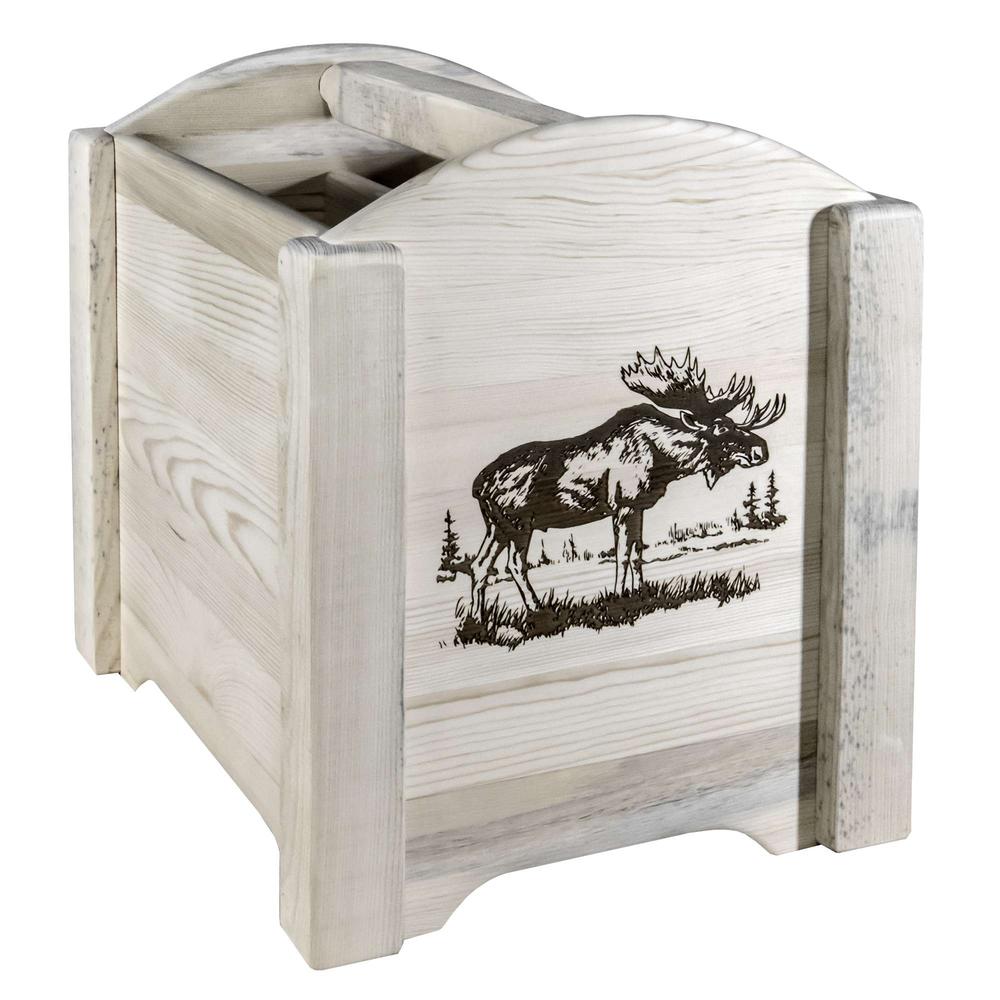 Homestead Collection Magazine Rack w/ Laser Engraved Moose Design, Clear Lacquer Finish. Picture 1
