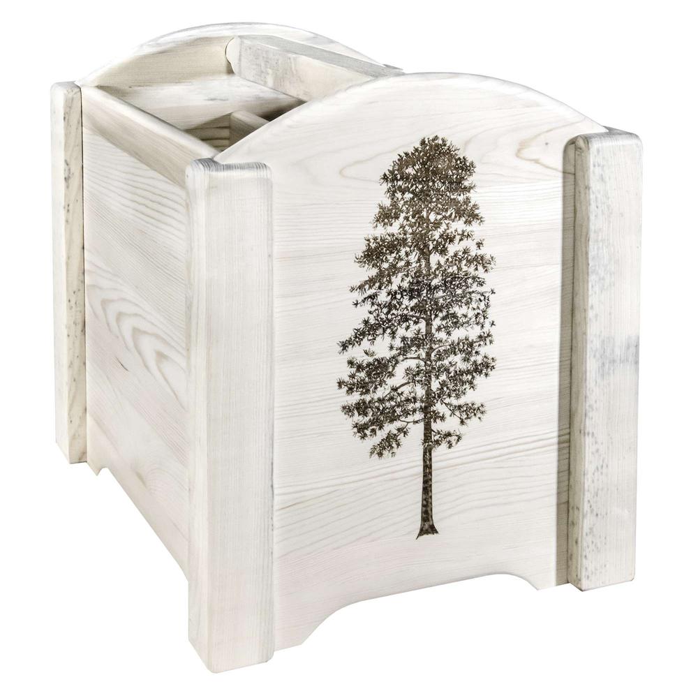 Homestead Collection Magazine Rack w/ Laser Engraved Pine Design, Clear Lacquer Finish. Picture 1