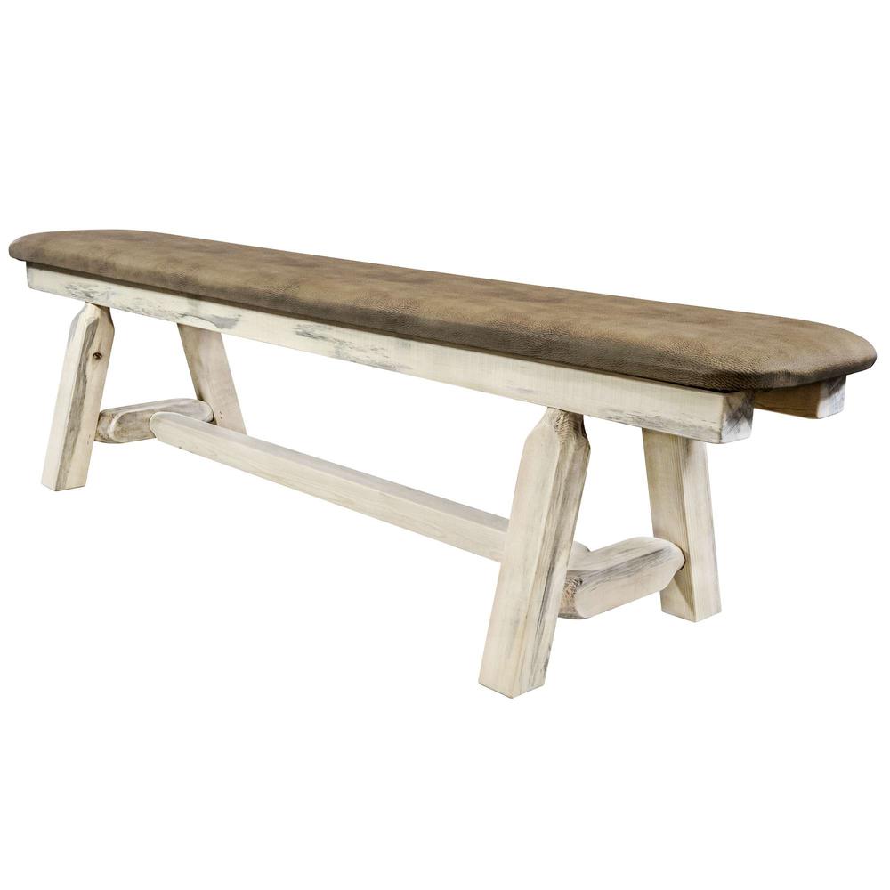 Homestead Collection Plank Style Bench, Clear Lacquer Finish,  6 Foot w/ Buckskin Upholstery. Picture 3