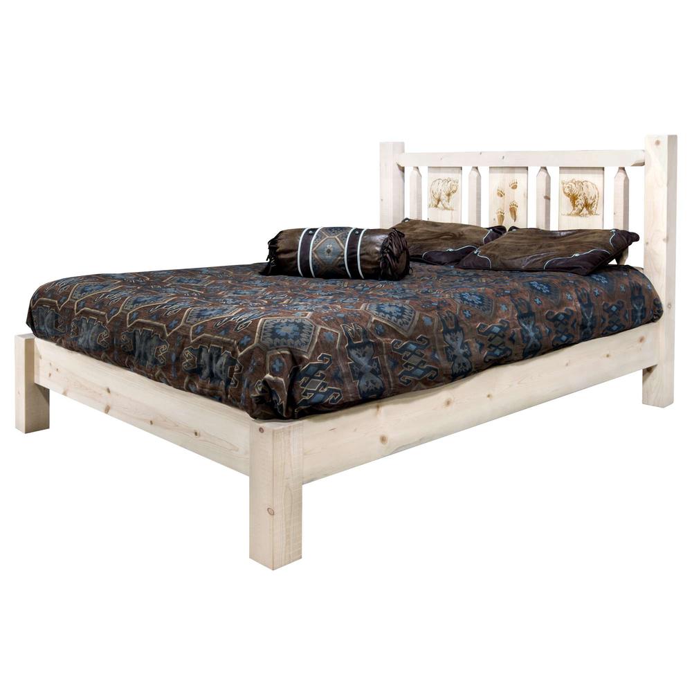 Homestead Collection Queen Platform Bed w/ Laser Engraved Bear Design, Clear Lacquer Finish. Picture 3