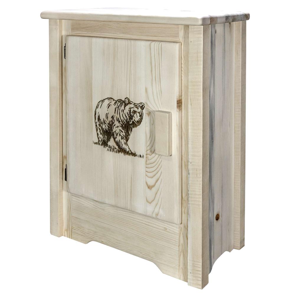 Homestead Collection Accent Cabinet w/ Laser Engraved Bear Design, Left Hinged, Clear Lacquer Finish. Picture 3