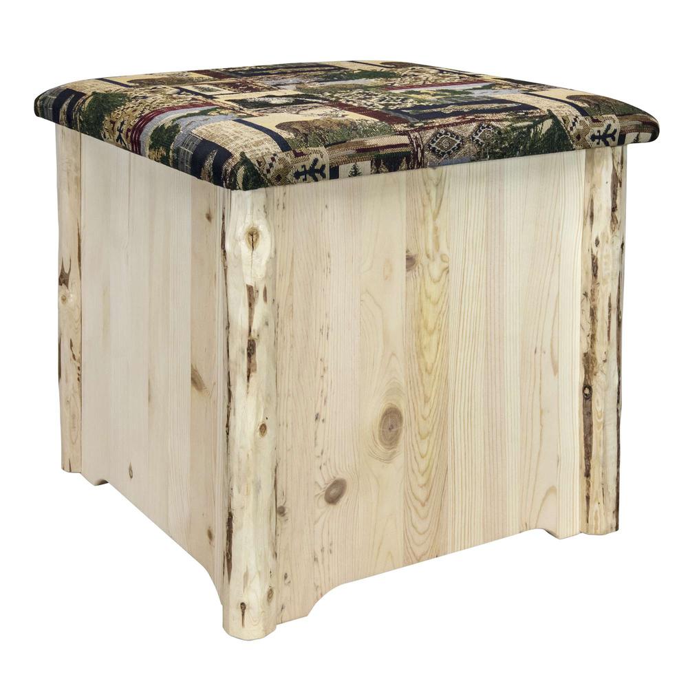 Montana Collection Upholstered Ottoman w/ Storage, Woodland Upholstery, Clear Lacquer Finish. Picture 3