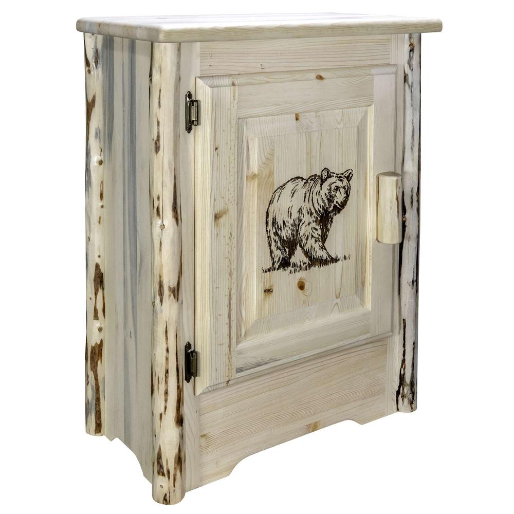 Montana Collection Accent Cabinet w/ Laser Engraved Bear Design, Left Hinged, Clear Lacquer Finish. Picture 1