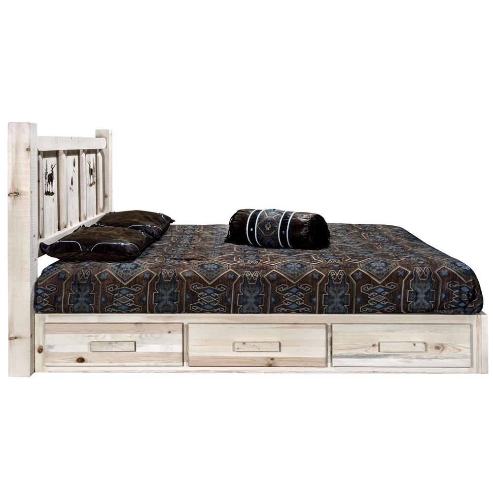 Homestead Collection Platform Bed w/ Storage, California King w/ Laser Engraved Elk Design, Clear Lacquer Finish. Picture 4