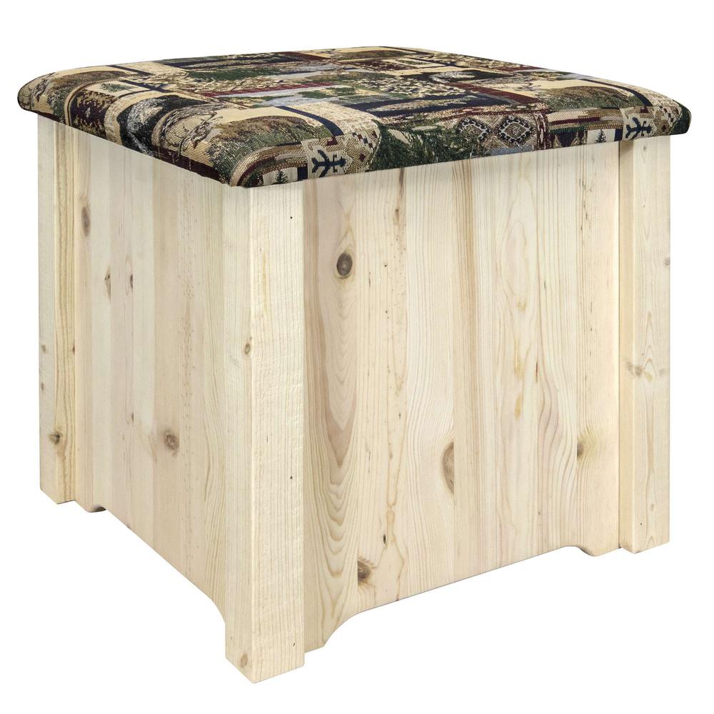 Homestead Collection Upholstered Ottoman w/ Storage, Woodland Upholstery, Clear Lacquer Finish. Picture 1