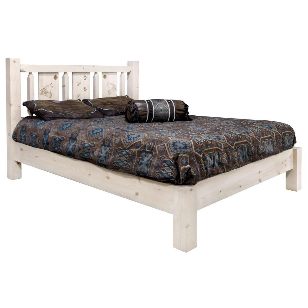 Homestead Collection Queen Platform Bed w/ Laser Engraved Wolf Design, Clear Lacquer Finish. Picture 1
