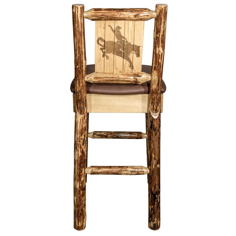 Glacier Country Collection Counter Height Barstool w/ Back - Saddle Upholstery, w/ Laser Engraved Bronc Design. Picture 2