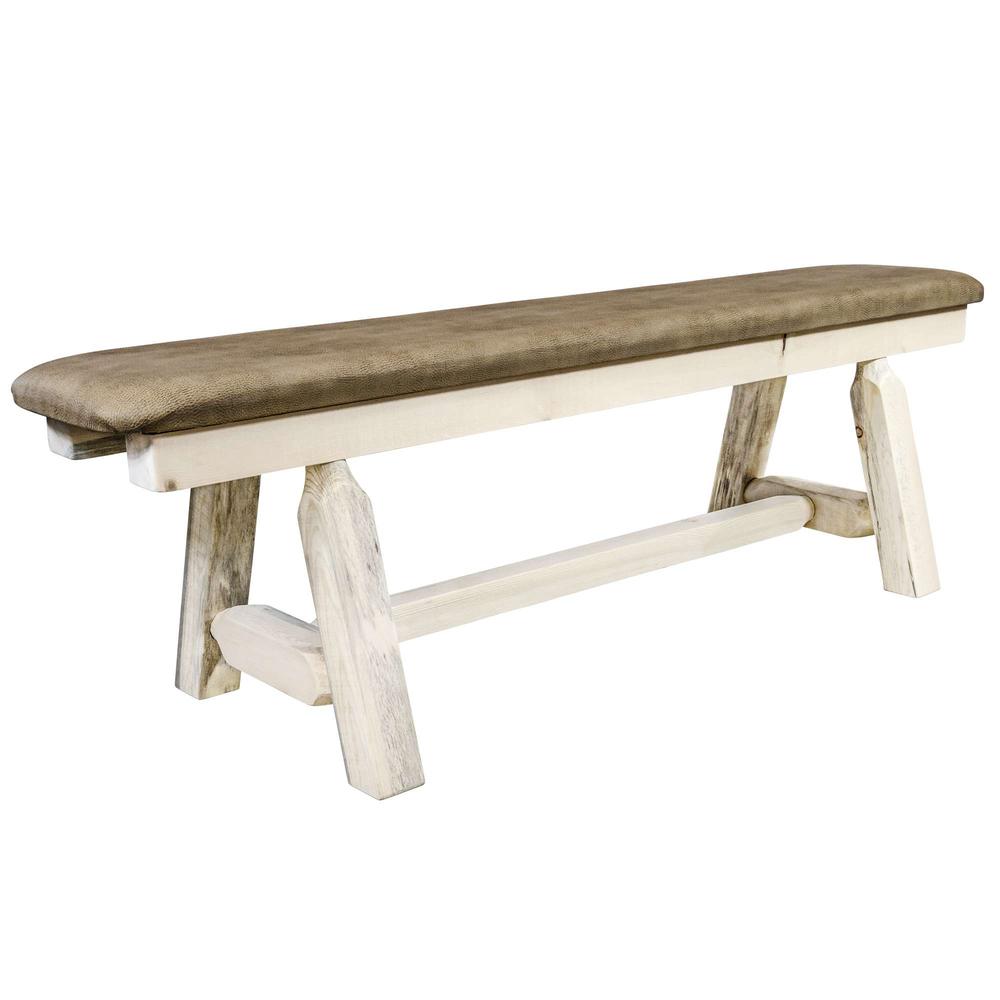 Homestead Collection Plank Style Bench, Clear Lacquer Finish, 5 Foot w/ Buckskin Upholstery. Picture 1
