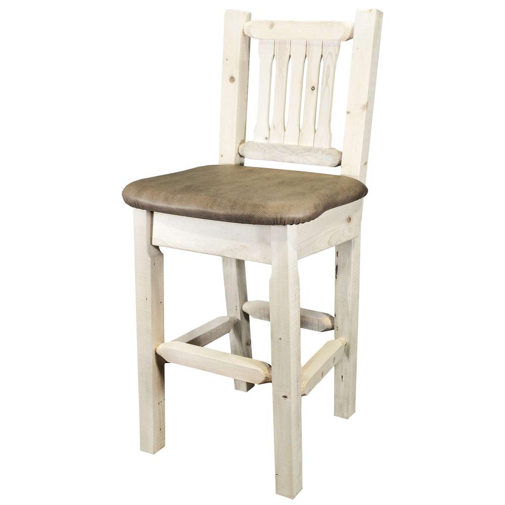 Homestead Collection Barstool w/ Back, Clear Lacquer Finish w/ Upholstered Seat, Buckskin Pattern. Picture 2