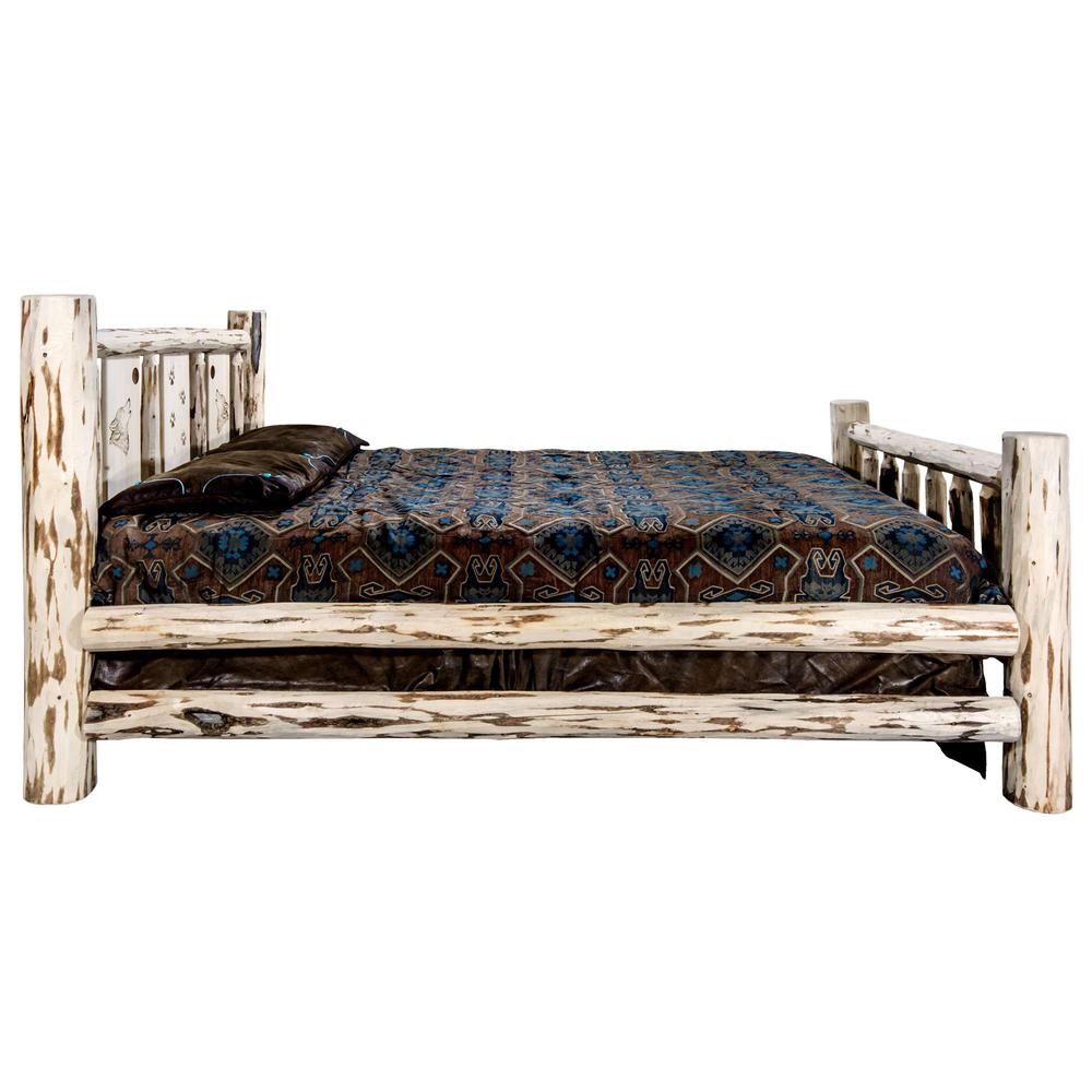 Montana Collection Queen Bed w/ Laser Engraved Wolf Design, Clear Lacquer Finish. Picture 4