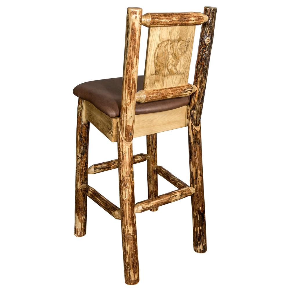 Glacier Country Collection Counter Height Barstool w/ Back - Saddle Upholstery, w/ Laser Engraved Bear Design. Picture 1