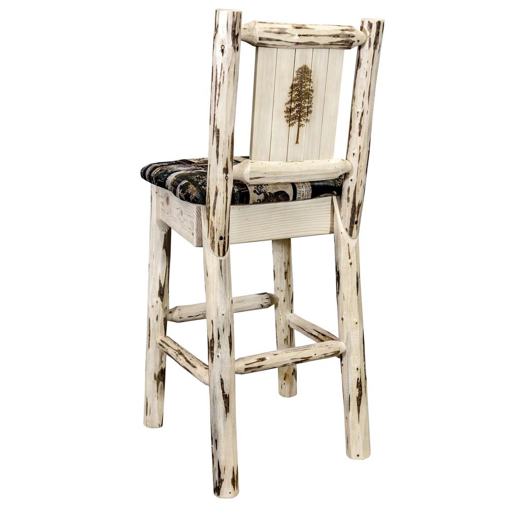 Montana Collection Barstool w/ Back - Woodland Upholstery, w/ Laser Engraved Pine Tree Design, Clear Lacquer Finish. Picture 1