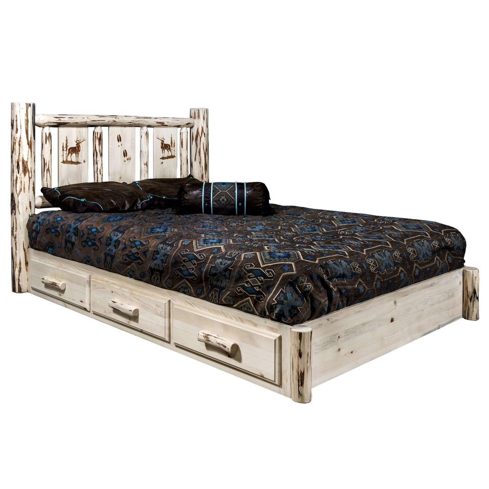 Montana Collection Platform Bed w/ Storage, Queen w/ Laser Engraved Elk Design, Clear Lacquer Finish. Picture 1