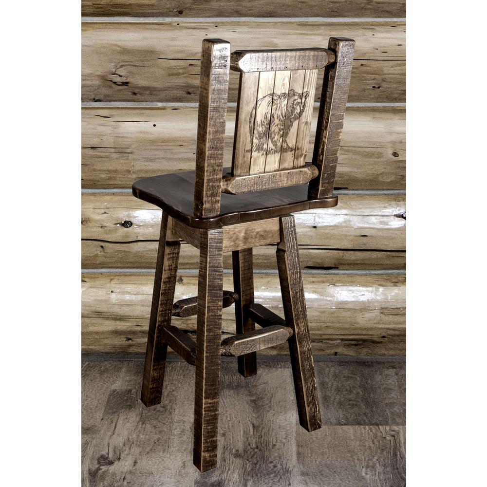 Homestead Collection Counter Height Barstool w/ Back & Swivel w/ Laser Engraved Bear Design, Stain & Lacquer Finish. Picture 6