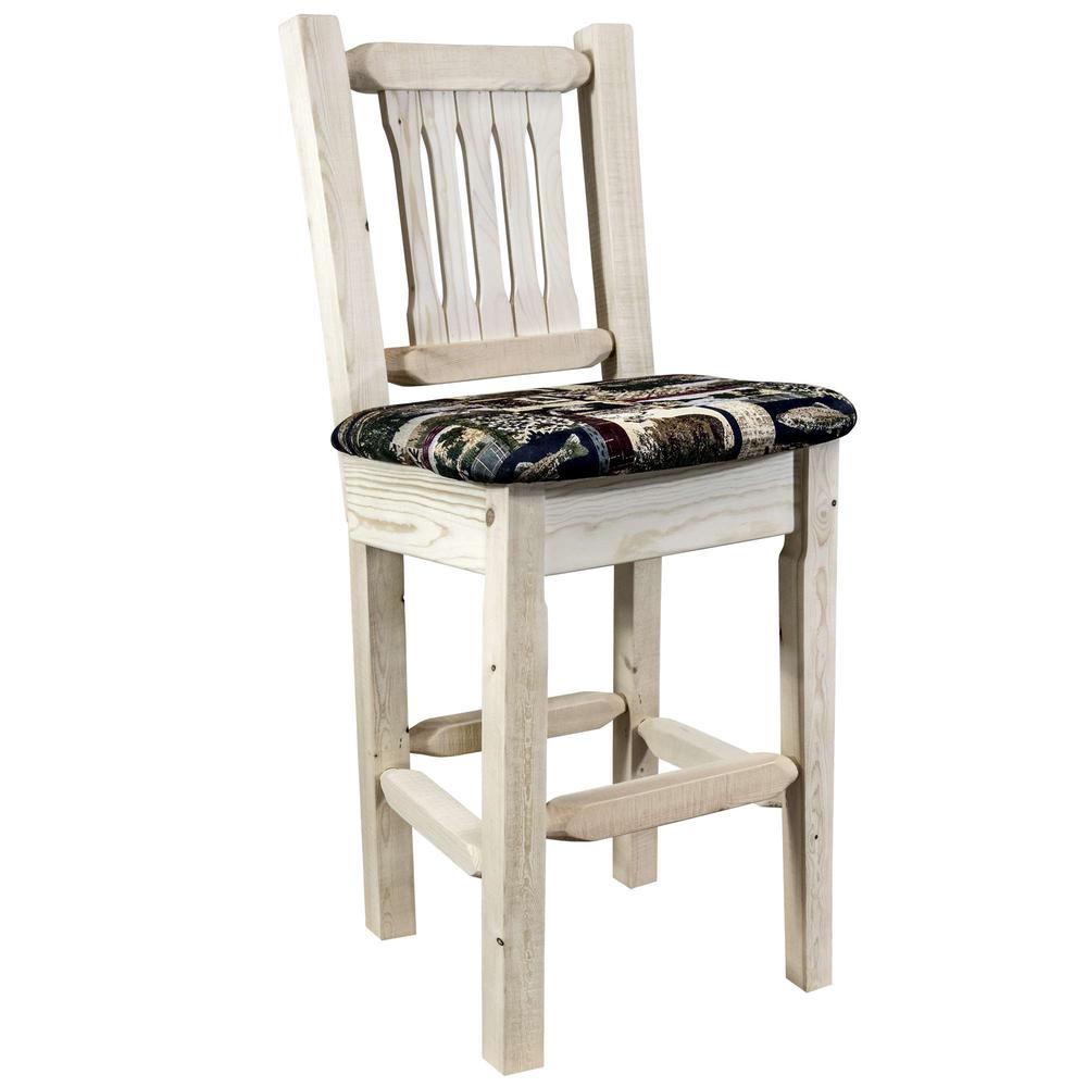 Homestead Collection Barstool w/ Back, Clear Lacquer Finish w/ Upholstered Seat, Woodland Pattern. Picture 1