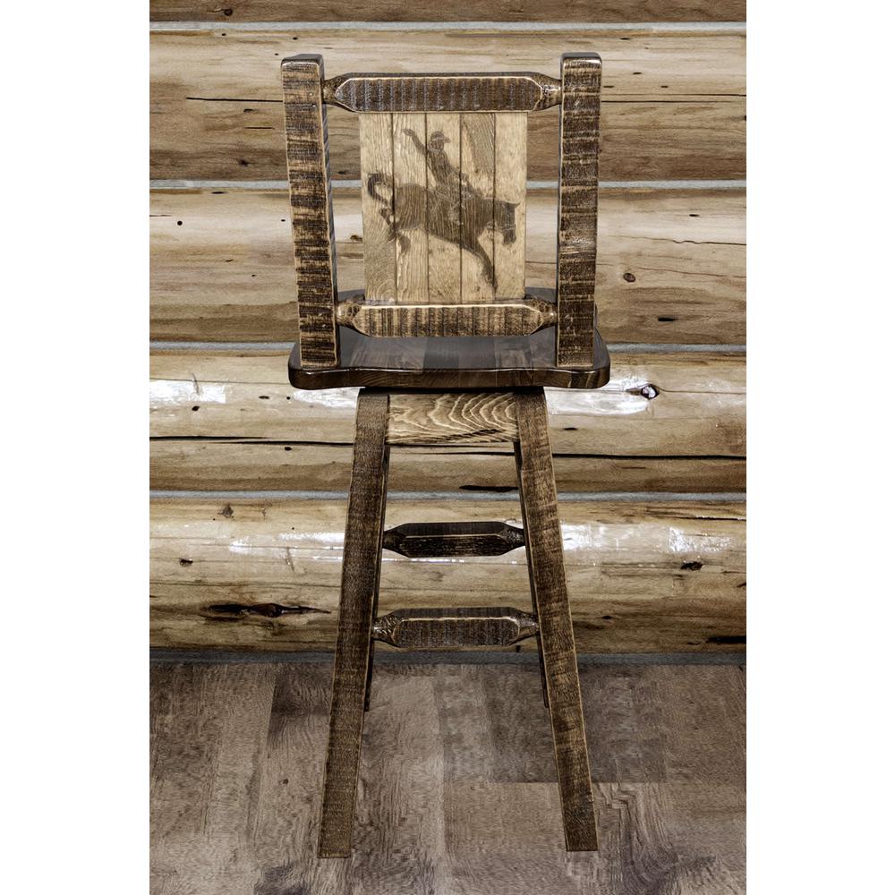 Homestead Collection Counter Height Barstool w/ Back & Swivel w/ Laser Engraved Bronc Design, Stain & Lacquer Finish. Picture 7