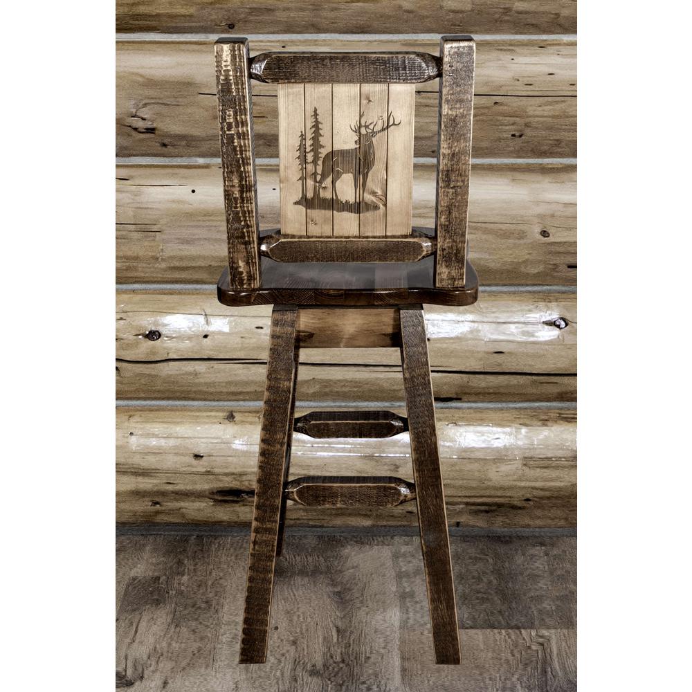 Homestead Collection Counter Height Barstool w/ Back & Swivel w/ Laser Engraved Elk Design, Stain & Lacquer Finish. Picture 7