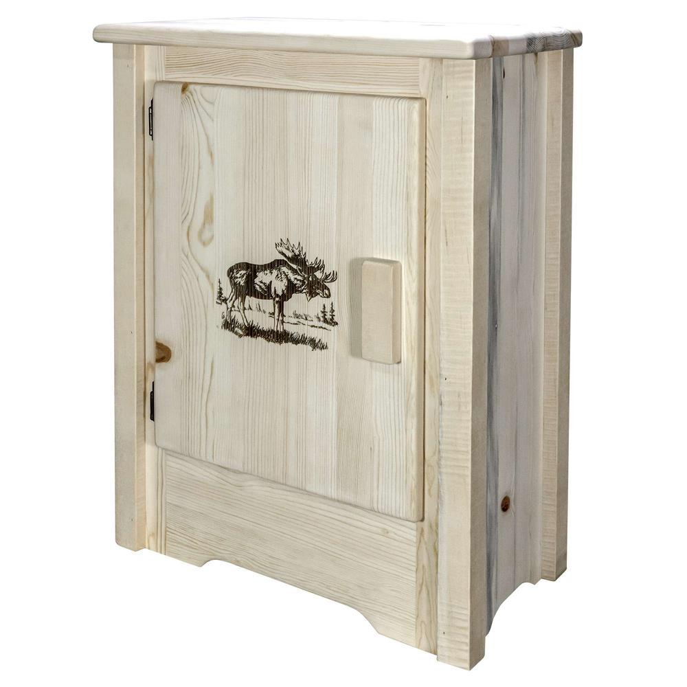 Homestead Collection Accent Cabinet w/ Laser Engraved Moose Design, Left Hinged, Clear Lacquer Finish. Picture 3