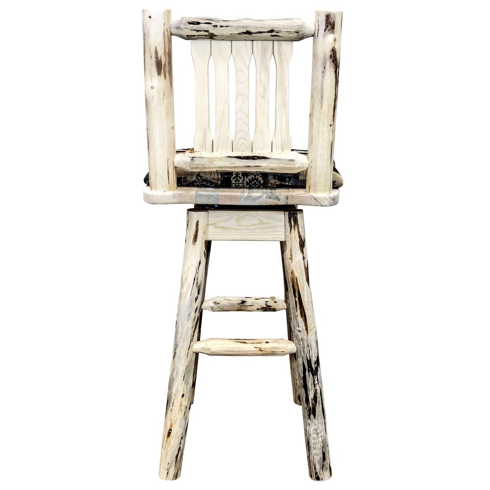 Montana Collection Barstool w/ Back & Swivel, Clear Lacquer Finish w/ Upholstered Seat, Woodland Pattern. Picture 5