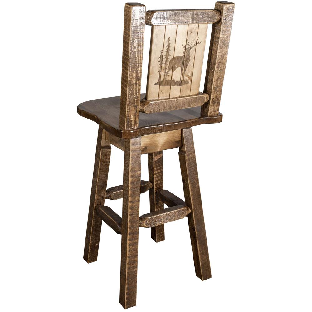 Homestead Collection Counter Height Barstool w/ Back & Swivel w/ Laser Engraved Elk Design, Stain & Lacquer Finish. Picture 1