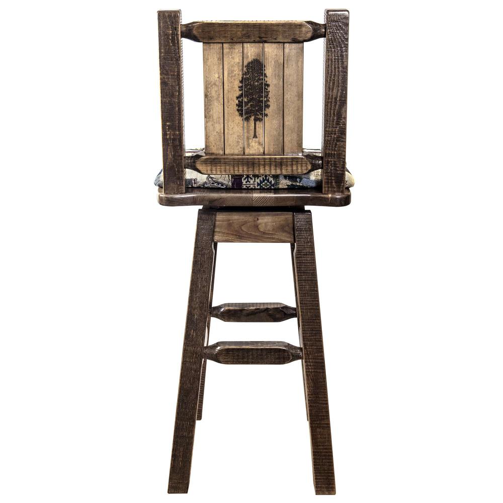 Homestead Collection Counter Height Barstool w/ Back & Swivel, Woodland Upholstery w/ Laser Engraved Pine Tree Design. Picture 2