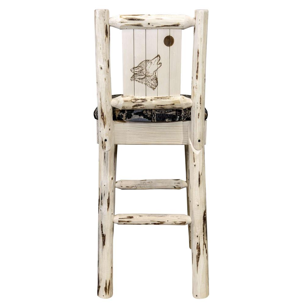 Montana Collection Barstool w/ Back - Woodland Upholstery, w/ Laser Engraved Wolf Design, Clear Lacquer Finish. Picture 2