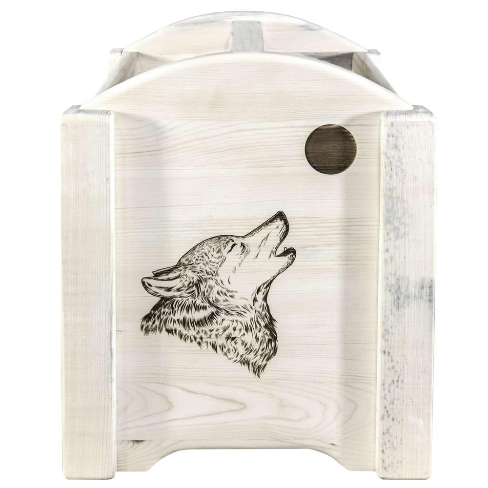 Homestead Collection Magazine Rack w/ Laser Engraved Wolf Design, Clear Lacquer Finish. Picture 2