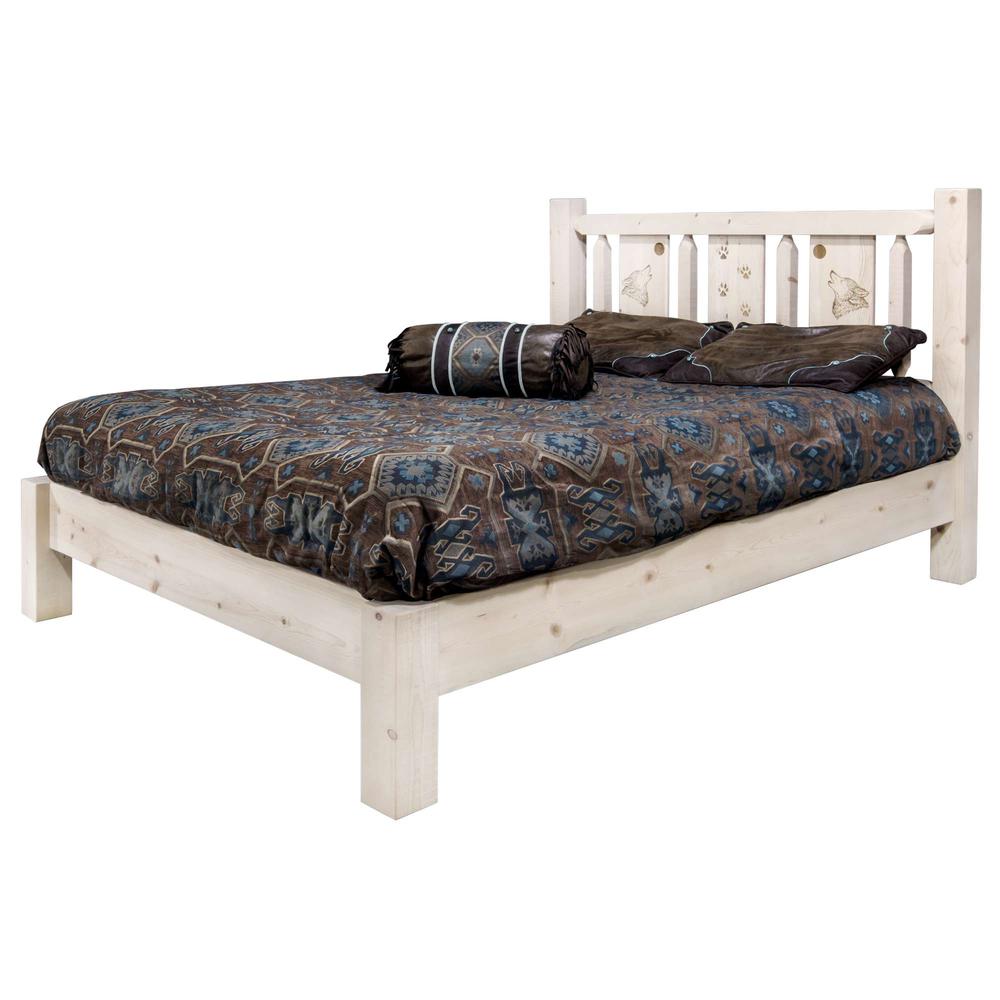 Homestead Collection Queen Platform Bed w/ Laser Engraved Wolf Design, Clear Lacquer Finish. Picture 3