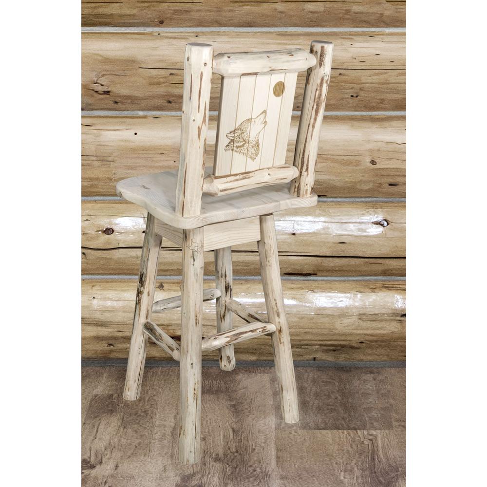 Montana Collection Counter Height Barstool w/ Back & Swivel w/ Laser Engraved Wolf Design, Clear Lacquer Finish. Picture 5