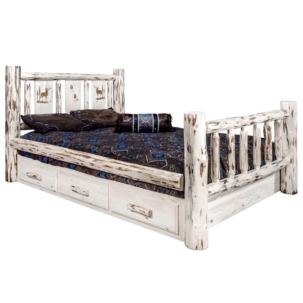 Montana Collection Full Storage Bed w/ Laser Engraved Elk Design, Clear Lacquer Finish. Picture 1