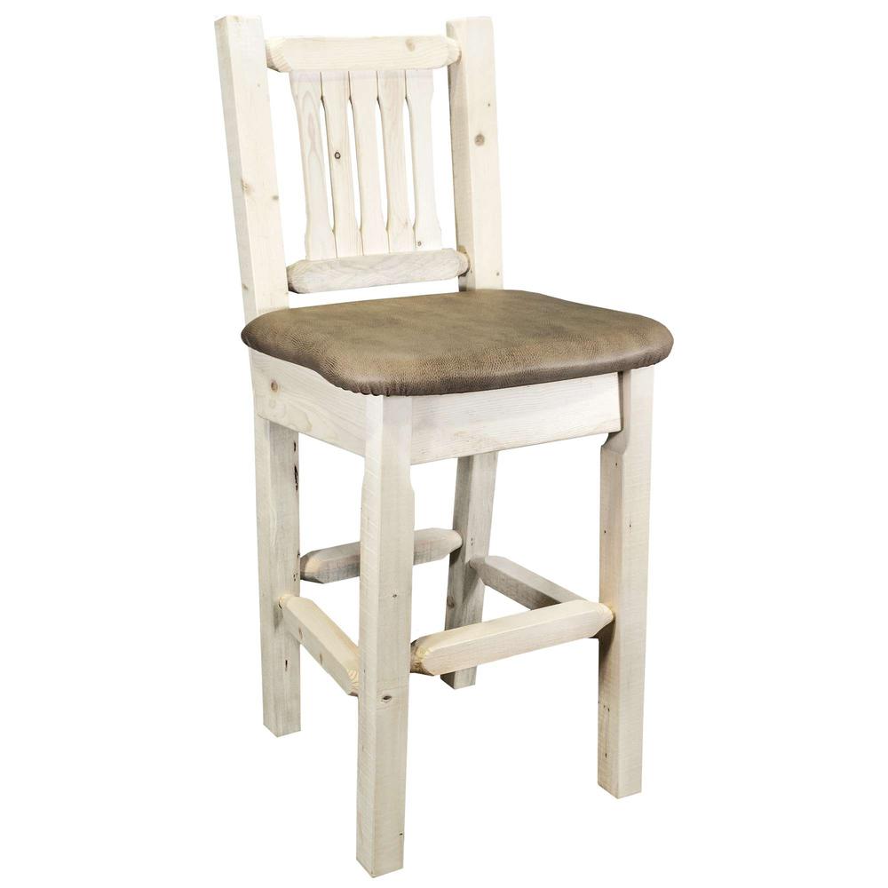 Homestead Collection Barstool w/ Back, Clear Lacquer Finish w/ Upholstered Seat, Buckskin Pattern. Picture 1